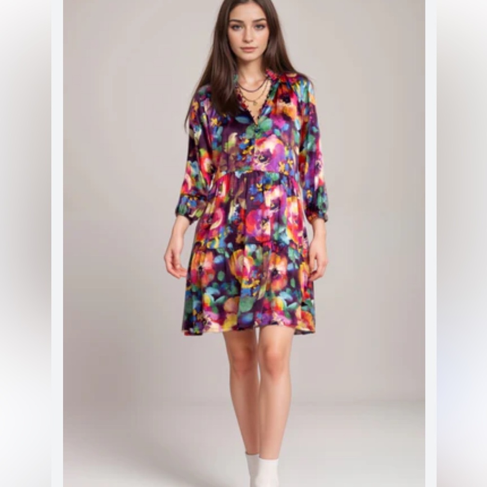 New Johnny Was 100% Silk SMOCKED NECK FIELD DRESS - Picture 2 of 16
